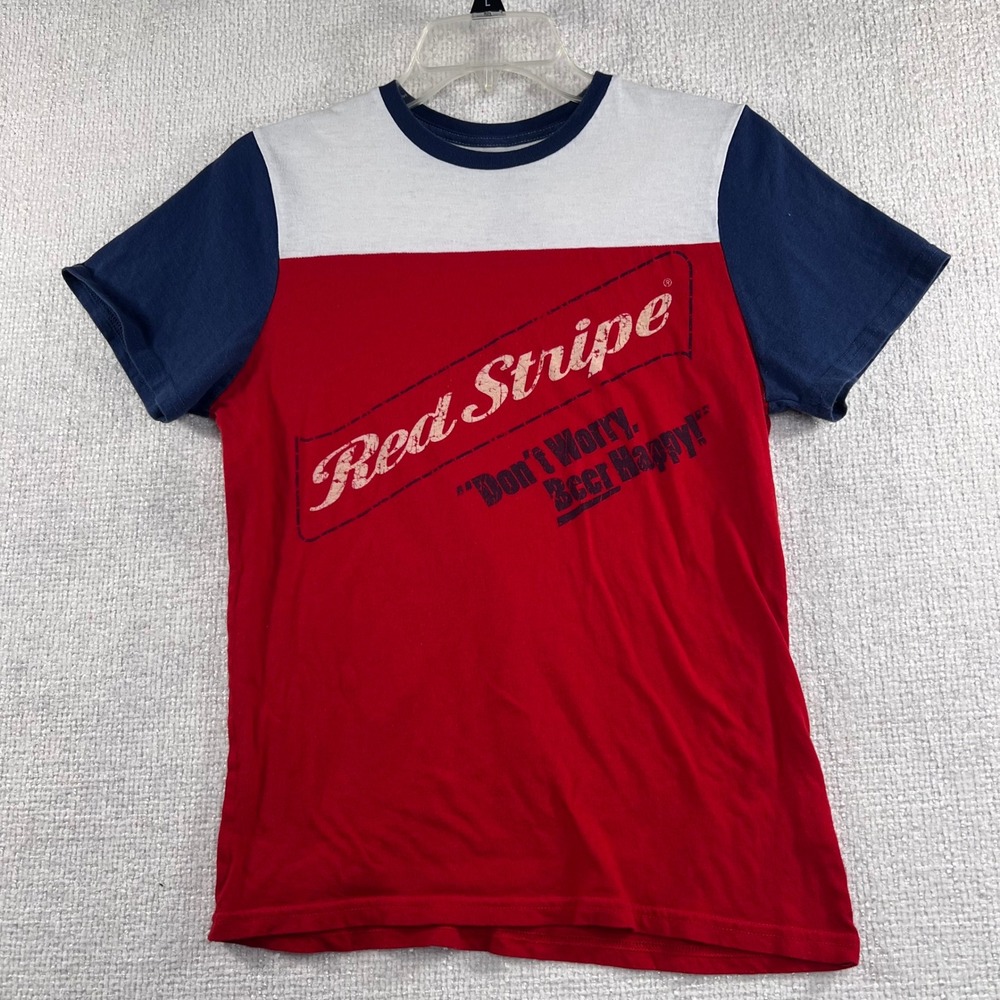 Red Stripe Beer T Shirt Mens Size S White Blue Red Graphic Tee‎